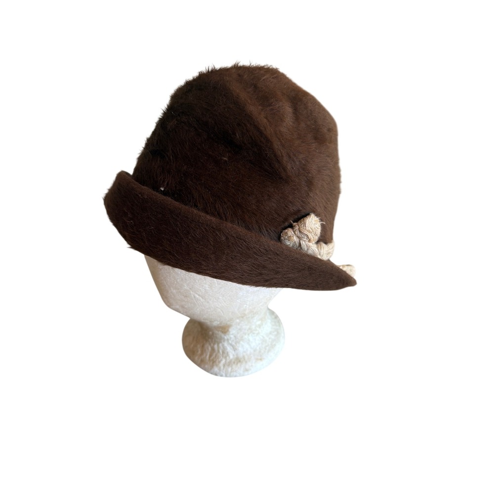 Hudson's Fedora Hat Brown Faux Fur Italian Alpine Tyrolean Rope Detail RN 17730